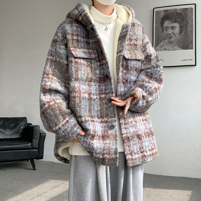MH12`条纹ins加厚中长款羊羔毛呢料外套连帽棉衣棉服男P118,男装棉衣,电商A066