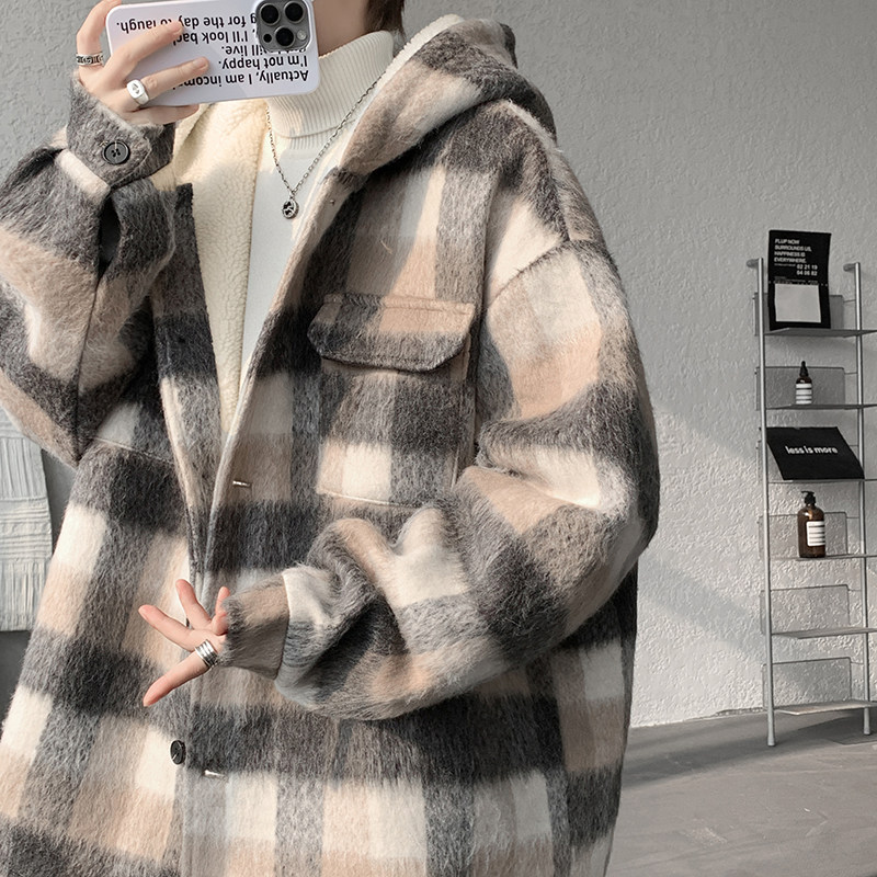 MH18`条纹ins加厚中长款羊羔毛呢料外套连帽棉衣棉服男P118，男装棉衣，电商A066