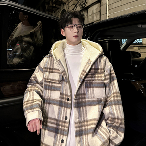 MH11`条纹ins加厚中长款羊羔毛呢料外套连帽棉衣棉服男 P118图片