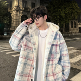 MH12`条纹ins加厚中长款羊羔毛呢料外套连帽棉衣棉服男P118，男装棉衣，电商A066