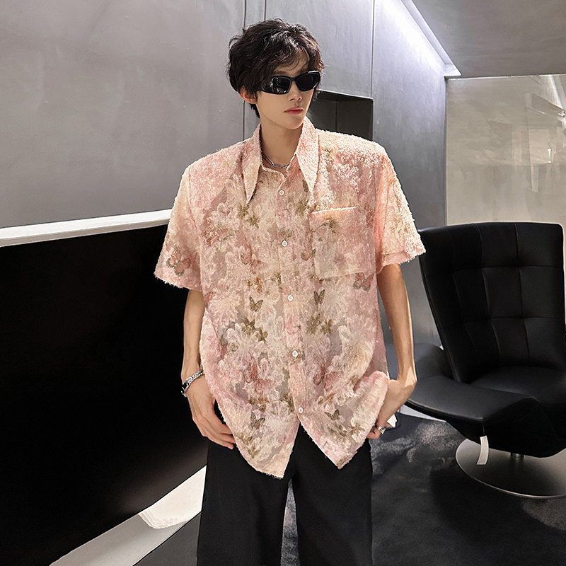 KT1017`（垫肩可拆装）流苏蝴蝶短袖衬衫男女P45,男装T恤,电商A066