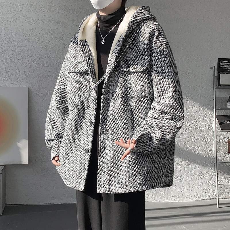 MH20`条纹ins加厚中长款羊羔毛呢料外套连帽棉衣棉服男 P118图片