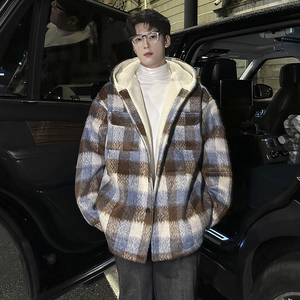 MH18`条纹ins加厚中长款羊羔毛呢料外套连帽棉衣棉服男 P118图片