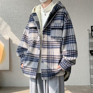 MH11`条纹ins加厚中长款羊羔毛呢料外套连帽棉衣棉服男P118,牛仔裤特别宽如何搭配男图片