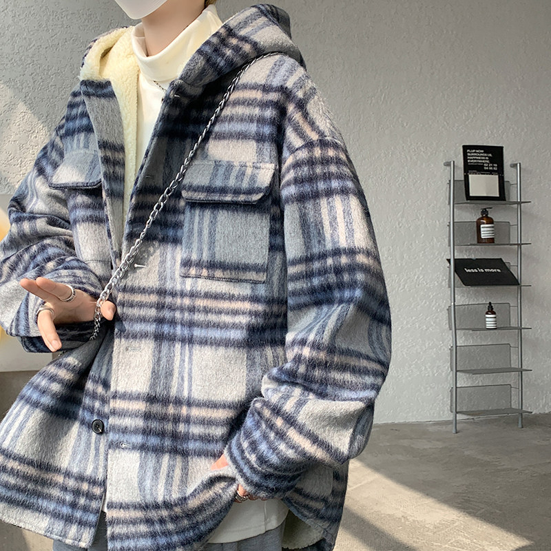 MH11`条纹ins加厚中长款羊羔毛呢料外套连帽棉衣棉服男P118,男装棉衣,电商A066