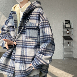 MH11`条纹ins加厚中长款羊羔毛呢料外套连帽棉衣棉服男 P118图片