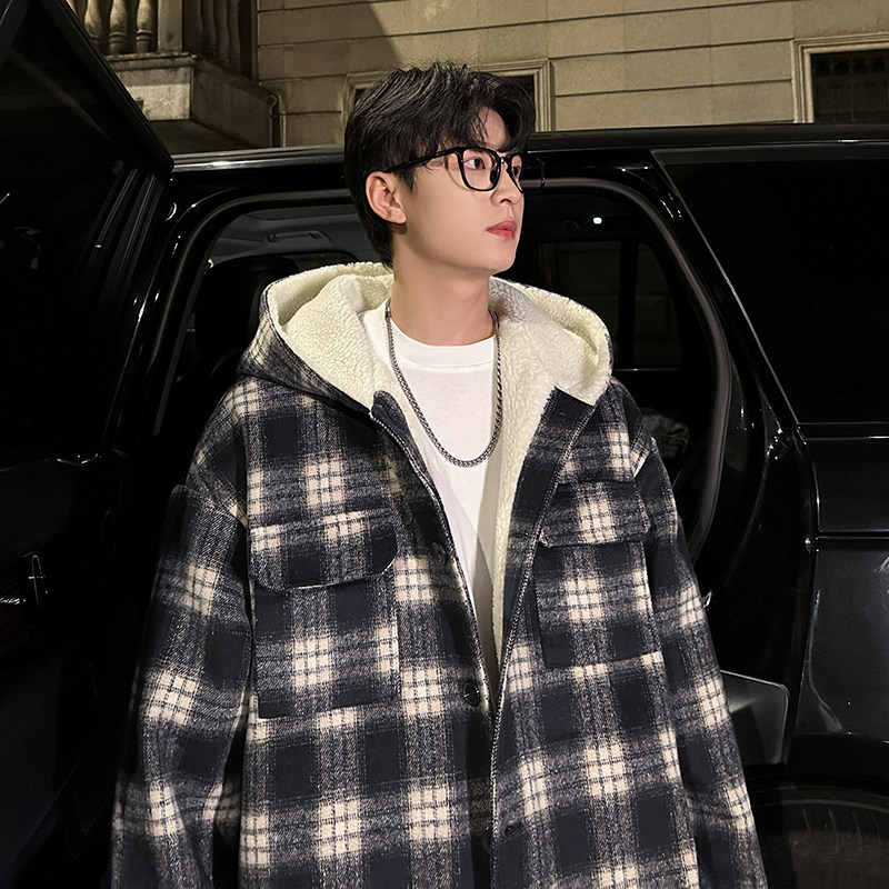 MH10`条纹ins加厚中长款羊羔毛呢料外套连帽棉衣棉服男P118,男装棉衣,电商A066