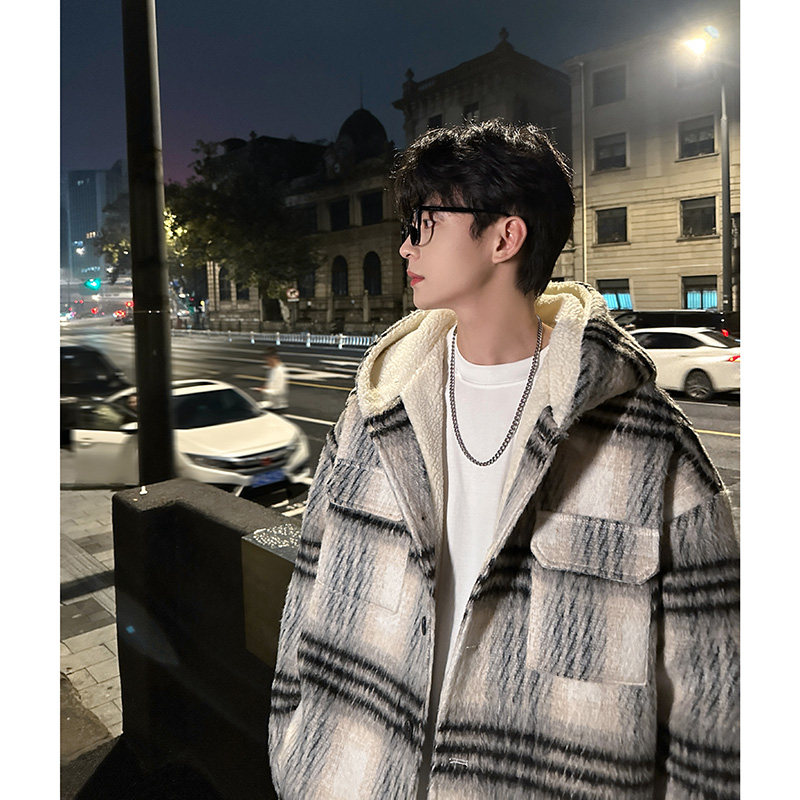 MH08`条纹ins加厚中长款羊羔毛呢料外套连帽棉衣棉服男P118,男装棉衣,电商A066