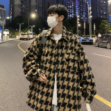 CT09港风情侣宽松大千鸟格呢料衬衫夹克外套男P6888卡其，男装夹克，电商A066