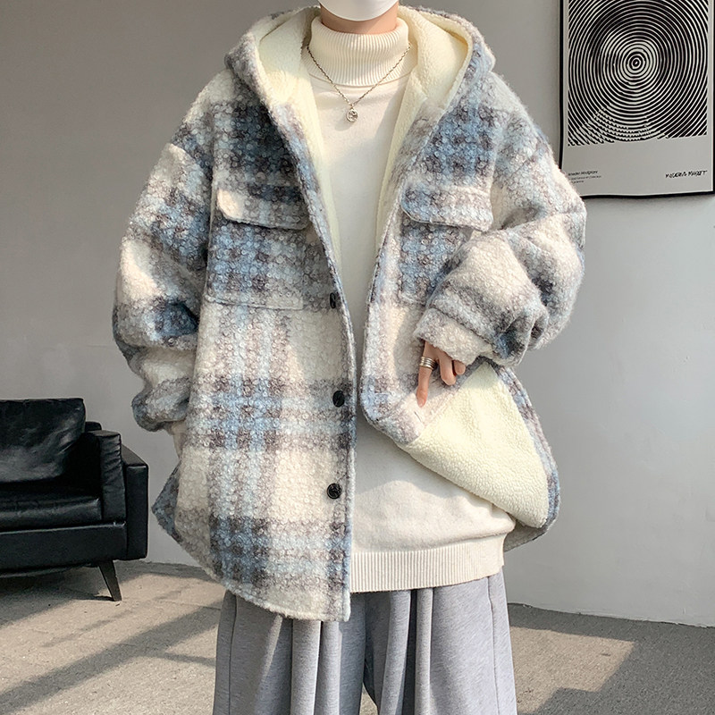 MH13`条纹ins加厚中长款羊羔毛呢料外套连帽棉衣棉服男P118,男装棉衣,电商A066