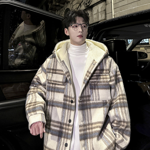 MH11`条纹ins加厚中长款羊羔毛呢料外套连帽棉衣棉服男 P118图片