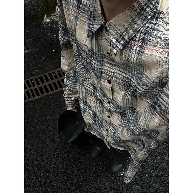 CR007`暗黑风全棉重工艺格子潮牌高街ins衬衫男女P45,男装衬衫,电商A066