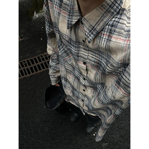 CR007`暗黑风全棉重工艺格子潮牌高街ins衬衫男女P45图片