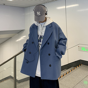 FT03高品质直播款中性风港风宽松中长款呢料风衣夹克男P98蓝
