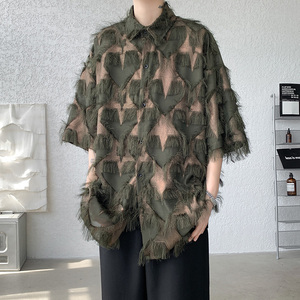 DX1558`oversize宽松重工艺流苏烫金情侣花衬衫男女P5578黑图片