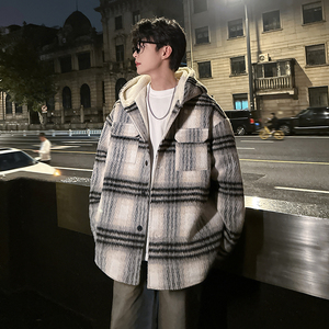 MH08`条纹ins加厚中长款羊羔毛呢料外套连帽棉衣棉服男 P118图片