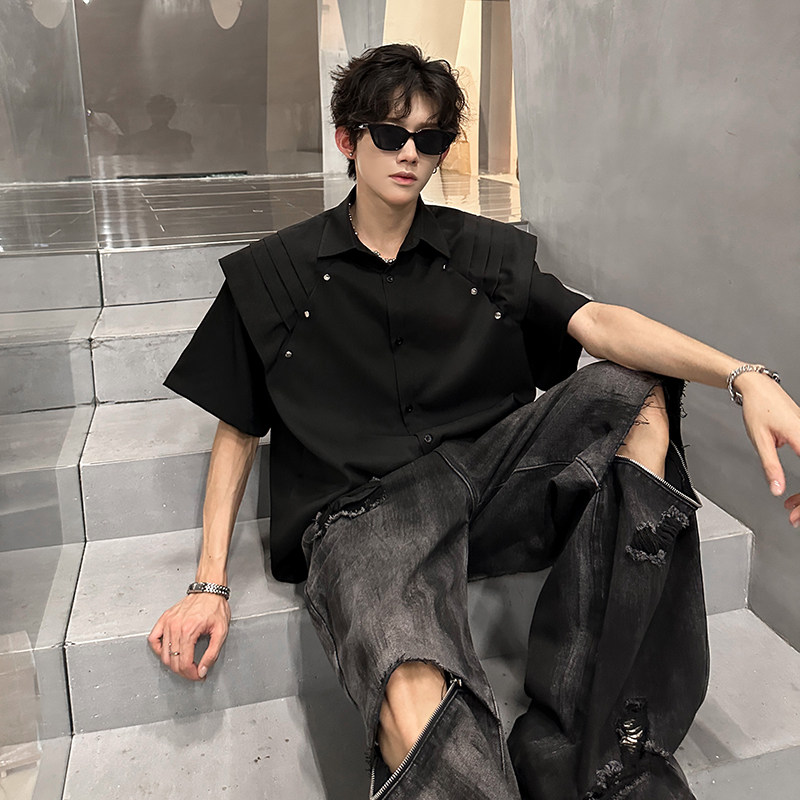 KT1030`垫肩款假两件拼接短袖衬衫男女P58,男装衬衫,电商A066