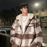 MH08`条纹ins加厚中长款羊羔毛呢料外套连帽棉衣棉服男P118，男装棉衣，电商A066