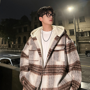 MH08`条纹ins加厚中长款羊羔毛呢料外套连帽棉衣棉服男 P118图片