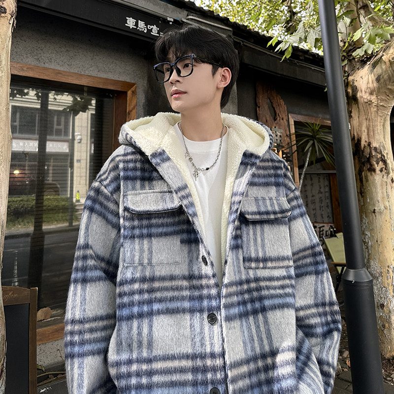 MH11`条纹ins加厚中长款羊羔毛呢料外套连帽棉衣棉服男 P118图片