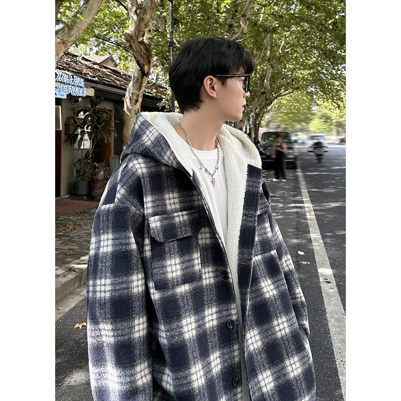 MH10`条纹ins加厚中长款羊羔毛呢料外套连帽棉衣棉服男P118,男装棉衣,电商A066