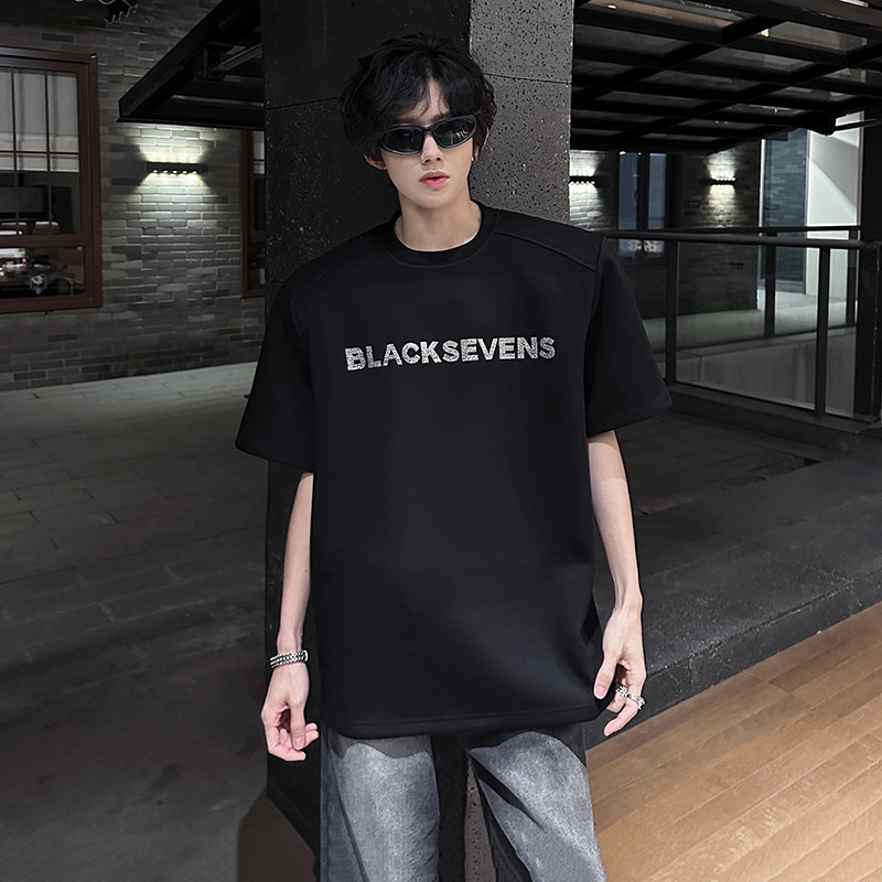 KT1019`（垫肩可拆装）渐变高品质烫钻短袖T恤男ins潮牌上痞帅P40,男装T恤,电商A066