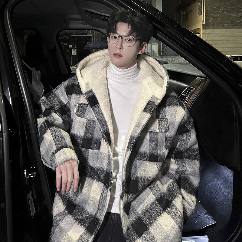 MH18`条纹ins加厚中长款羊羔毛呢料外套连帽棉衣棉服男P118,男装棉衣,电商A066