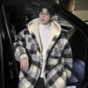 MH18`条纹ins加厚中长款羊羔毛呢料外套连帽棉衣棉服男 P118图片