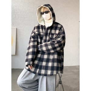 MH10`条纹ins加厚中长款羊羔毛呢料外套连帽棉衣棉服男 P118图片