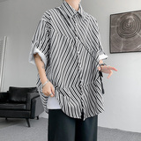 DX1543`夏季清爽条纹拼接~五分袖中袖短袖衬衫男女P48，男装衬衫，电商A066