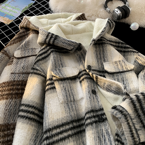 MH08`条纹ins加厚中长款羊羔毛呢料外套连帽棉衣棉服男 P118图片