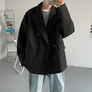 FT03高品质直播款中性风港风宽松中长款呢料风衣夹克男P98浅灰