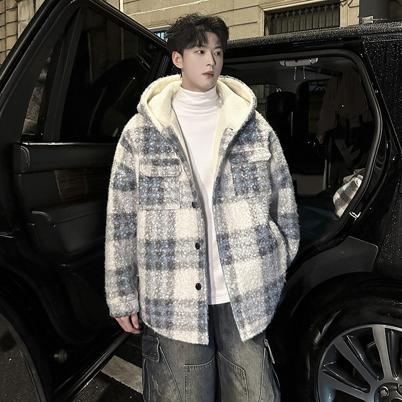 MH13`条纹ins加厚中长款羊羔毛呢料外套连帽棉衣棉服男P118,男装棉衣,电商A066
