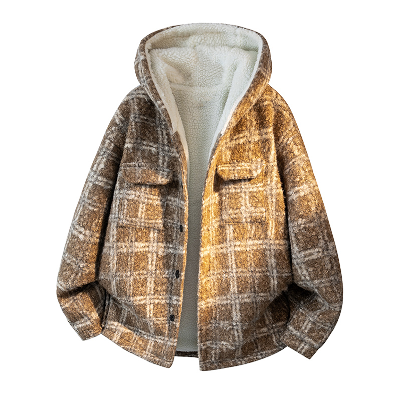 MH13`条纹ins加厚中长款羊羔毛呢料外套连帽棉衣棉服男P118，男装棉衣，电商A066