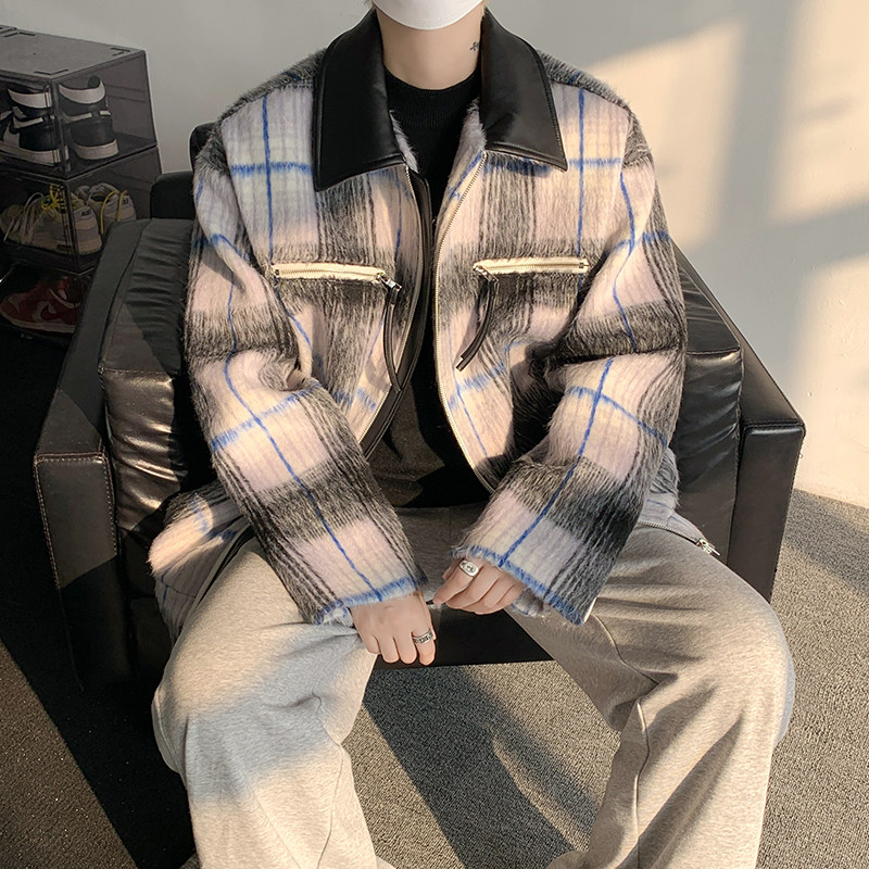 MH06`加厚加棉`条纹格子呢子大衣外套夹克拼皮棉衣棉服男P125,男装夹克,电商A066