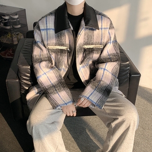 MH06`加厚加棉`条纹格子呢子大衣外套夹克拼皮棉衣棉服男P125