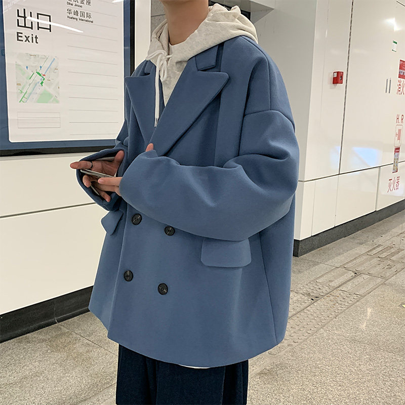 FT03高品质直播款中性风港风宽松中长款呢料风衣夹克男P98蓝,男装夹克,电商A066
