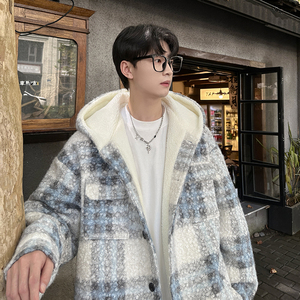 MH13`条纹ins加厚中长款羊羔毛呢料外套连帽棉衣棉服男 P118图片