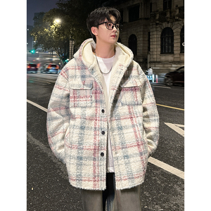 MH12`条纹ins加厚中长款羊羔毛呢料外套连帽棉衣棉服男P118