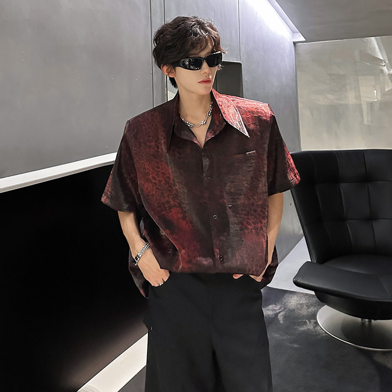 KT1023`（垫肩可拆装）豹纹短袖衬衫男P45图片