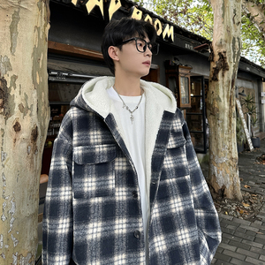 MH10`条纹ins加厚中长款羊羔毛呢料外套连帽棉衣棉服男 P118图片