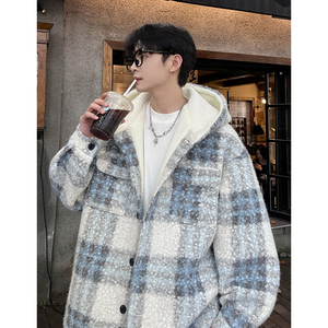 MH13`条纹ins加厚中长款羊羔毛呢料外套连帽棉衣棉服男 P118图片