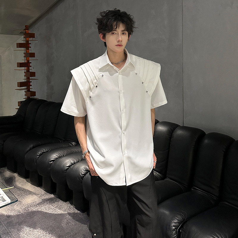 KT1030`垫肩款假两件拼接短袖衬衫男女P58,男装衬衫,电商A066