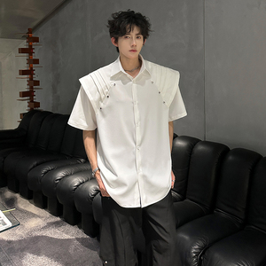 KT1030`垫肩款假两件拼接短袖衬衫男女P58图片