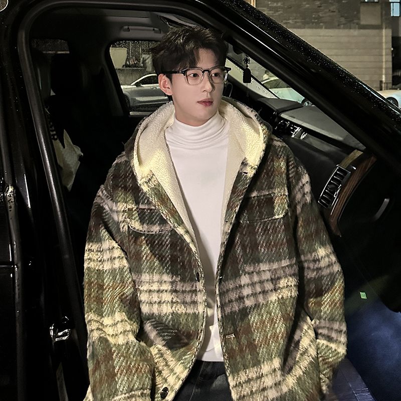 MH09`条纹ins加厚中长款羊羔毛呢料外套连帽棉衣棉服男P118，男装棉衣，电商A066