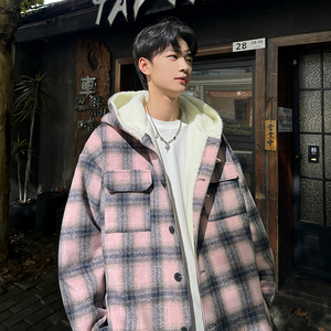 MH10`条纹ins加厚中长款羊羔毛呢料外套连帽棉衣棉服男 P118图片