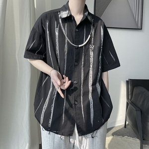 DX1527街潮水洗磨破短袖情侣衬衫男P5568赠送项链（可拆卸）3图片