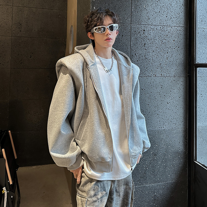 KT1007`套装假两件垫肩420克重磅高级连帽卫衣男女开衫P88裤子P48，男装休闲套装，电商A066