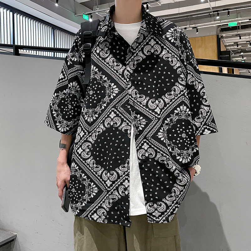 DX1513中性风大码情侣宽松腰果花短袖五分袖衬衫P4558,男装衬衫,电商A066