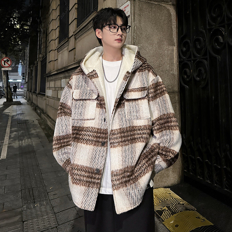 MH08`条纹ins加厚中长款羊羔毛呢料外套连帽棉衣棉服男P118,男装棉衣,电商A066